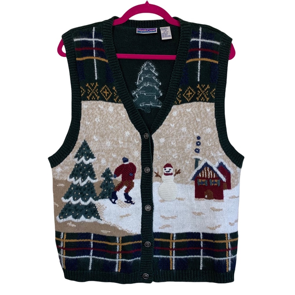 Vintage Holiday NorthCrest Festive Snowman Christmas Tree Button Down Vest 10/12